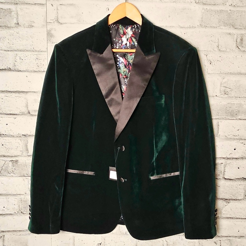 JH Design Green Velvet Tuxedo Blazer Floral Satin Lining 44R Mens